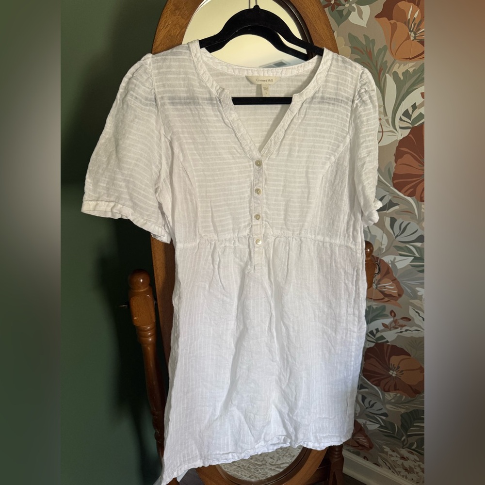 Garnet Hill White Boho Flutter Sleeve V-Neck Semi Sheer Linen Dress Size S